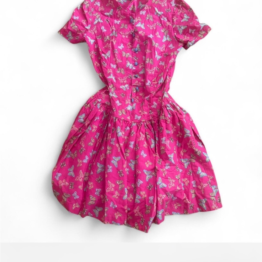 80's Bright Pink Butterfly Print Dress